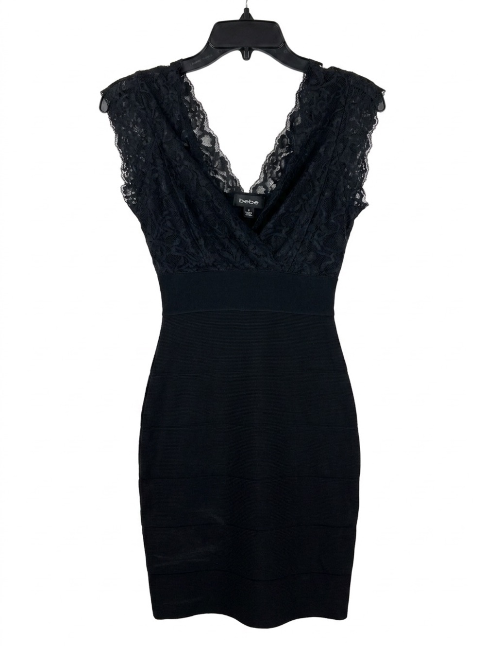 bebe Black Lace V-Neck Cap Sleeve Bodycon Dress
